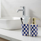 Bathroom Toothbrush Holder Set, Ceramic Checkered Soap Dispenser and Tooth Brush Holder Set, Modern Bathroom Accessories Sets Countertop, Black and White Checkered Bathroom Decor Set (Blue) - Image 6
