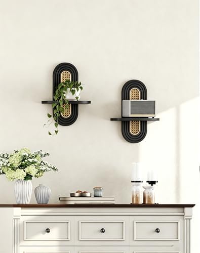 Floating Shelves for Wall, Boho Home Wall Decor,Rattan Plant Shelf Set of 2, Mid Century Small Decorative Shelf, Natural Wood Shelves for Living Room,Bedroom,House,Office (Black) - Image 7