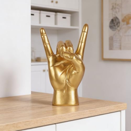 QIANLING 7.7" Gold Rock On Hand Statue, Modern Hand Gesture Sculpture, Rock Music Room Decor, Heavy Metal Party Accent Tabletop Figurine for Desk, Bookshelf, Mantel & Home Office - Image 6