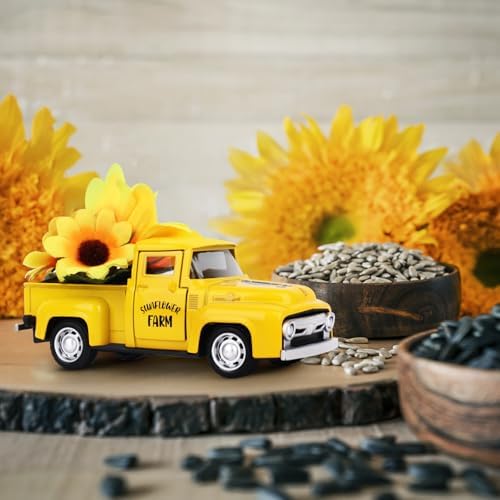 Sunflower Vintage Metal Truck Mini Metal Farm Truck Decor with Sunflower Bouquet Farmhouse Rustic Pickup Tiered Tray Decor for Home Kitchen Shelf Table Decor Yellow - Image 4