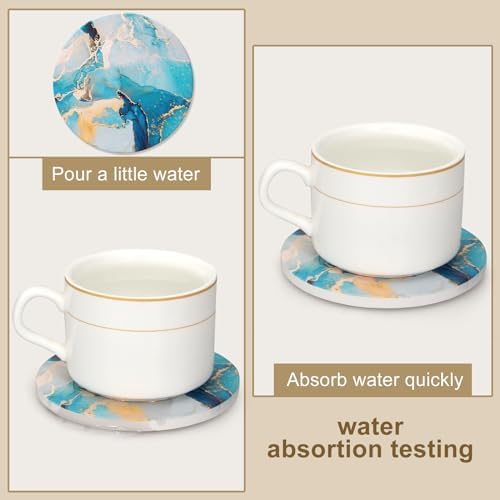 6 Pcs Light Blue Marble Abstract Ceramic Coasters with Holder for Table - Image 2