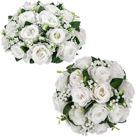 2 Pcs Flower Centerpieces for Tables White Arrangement Bouquet, 12.6in by Unknown