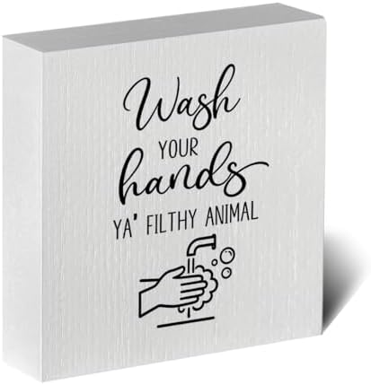 Funny Rustic Bathroom Decor Wooden Box Sign 5x5 Inch - "WASH YOUR HANDS YA' FILTHY ANIMAL" Humorous Restroom Shelf Table Decoration for Home by ENGVZ