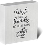 Funny Rustic Bathroom Decor Wooden Box Sign 5x5 Inch - "WASH YOUR HANDS YA' FILTHY ANIMAL" Humorous Restroom Shelf Table Decoration for Home by ENGVZ