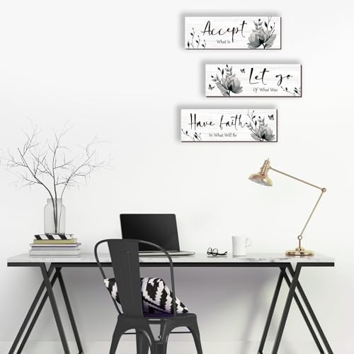 3 Pcs Black And White Bathroom Decor Rustic Flower Black Wall Art Accept Let Go Have Faith Farmhouse Bedroom Wall Decor Wooden Inspirational Quotes Grey Decoration for Living Room(Black,12 x 4 Inches) - Image 6