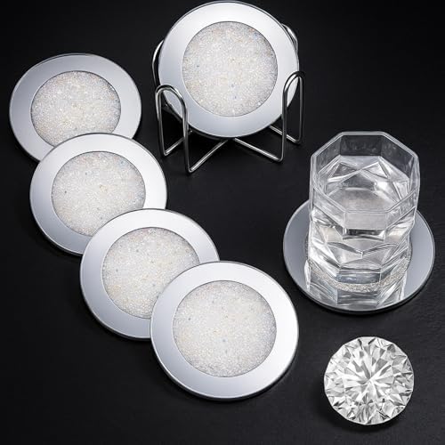 Jetec Mirrored Glass Coaster Set of 6 with 1 Holder 4" Crushed Diamond Round Cup Mat Glitter Crystal Rhinestone Glass Coaster Bling Table Decor for Bar Kitchen Gift for Christmas(White,4 Inch) by Jetec