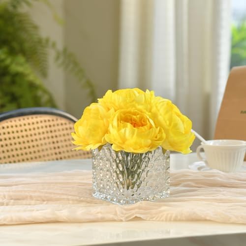 Artificial Peony Silk Flower Centerpieces with LED Light Faux Floral Arrangement in Glass Vase for Home Wedding Table Decoration (Yellow) - Image 6