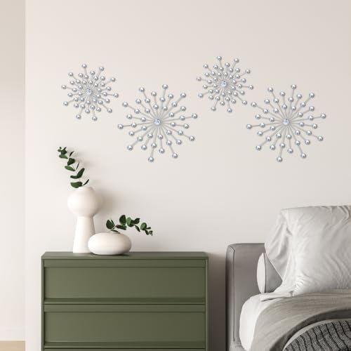 ZEXUIRU 4 Set Silver Starburst Wall Art for Home Decor Metal Bling Crystal Rhinestones Sunburst Wall Decor Sparkling Rhinestone Art Accent Silver - 13 in - Image 2