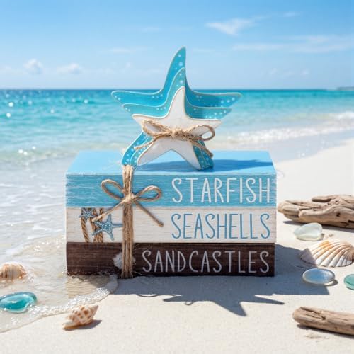 Geelin 4 Pcs Summer Beach Tiered Tray Decor Wooden Book Stack Signs, Starfish Seashell Coastal Nautical Table Centerpiece for Shelf Coffee Bar Home Kitchen Beach House Decorations - Image 6