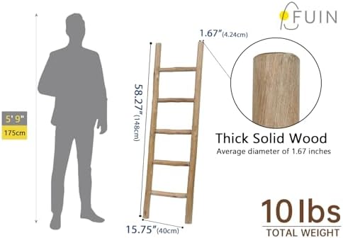 FUIN Blanket Ladder, 57in Rustic Wood Decor Rack, Fully Assembled, Brown - Image 5
