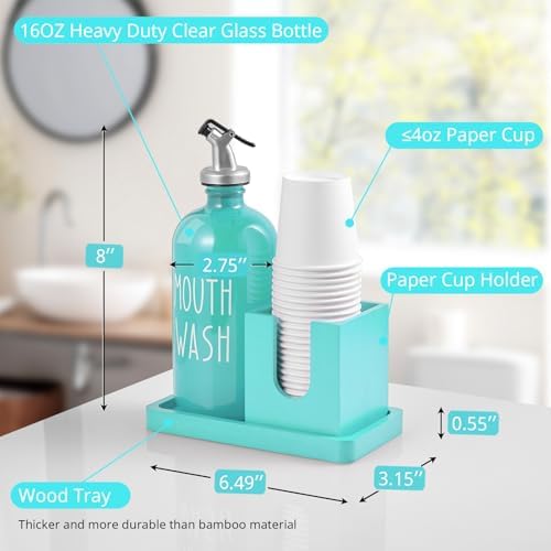 Turquoise Mouthwash Dispenser for Bathroom, 16 OZ Glass Mouthwash Dispenser with Wood Cup Holder and Tray, Mouth Wash Bottle Container, Teal Kitchen Bathroom Decor and Accessories - Image 3
