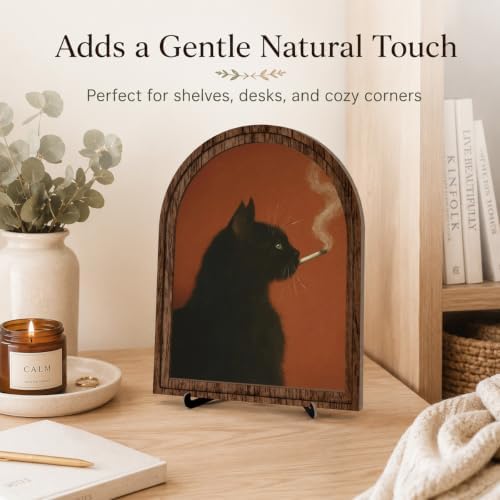 Vintage Black Cat Table Decor Arched Wooden Frame with Stand, Moody Gothic Animal Artwork for Desk Shelf Mantel, Unique Living Room Bedroom Home Decorations - Image 2