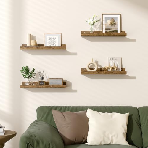 upsimples 4 Pcs 15" Acrylic Shelves for Wall Decor and Display, Rustic Wood - Image 4
