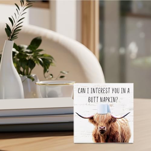 Highland Cow Bathroom Decor - Funny Bathroom Decor, Rustic Western Highland Cow Wood Sign, 5 X 5 Inches - Image 3