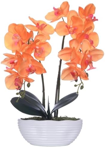 Large Artificial Orchid Arrangement in Oval Ribbed Ceramic Pot, Orange by YSZL