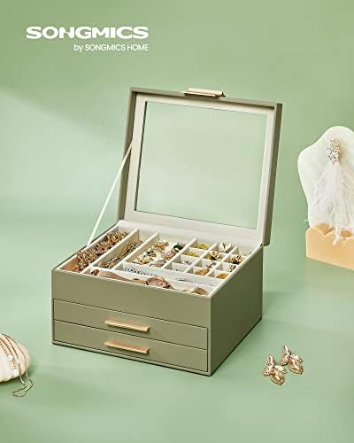 SONGMICS Jewelry Box Organizer, 3-Layer Storage with 2 Drawers, Glass Lid - Image 5