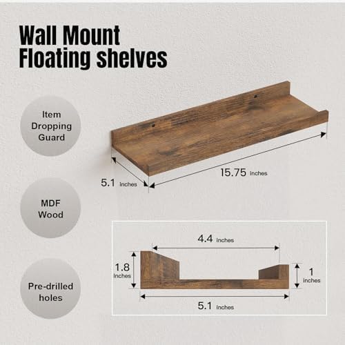 RICHER HOUSE 5-Set Floating Shelves with Lip, Brown Wall Mounted Wood Shelf - Image 3