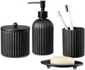 4PCs Heavy Weight Decent Glass Bathroom Accessories Set with Decorative Pressed Pattern - Includes Hand Soap Dispenser & Tumbler & Soap Dish & Toothbrush Holder (Black) by KMwares