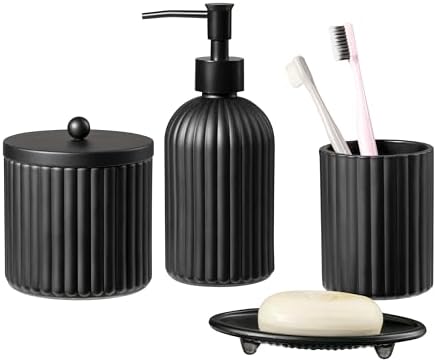 4PCs Heavy Weight Decent Glass Bathroom Accessories Set with Decorative Pressed Pattern - Includes Hand Soap Dispenser & Tumbler & Soap Dish & Toothbrush Holder (Black) by KMwares