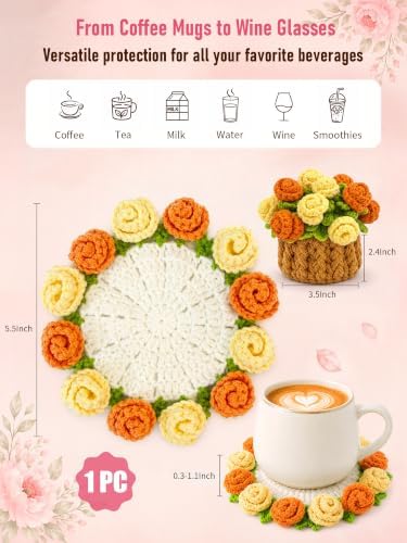 Crochet Flower Bouquet Coasters, Cotton Rose Gifts for Home Decor 1Pc - Image 2