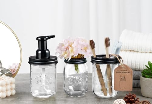 SheeChung Mason Jar Foaming Soap Dispenser and Toothbrush Holder Set, Black - Image 2