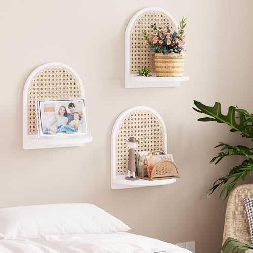 Rattan Wall Shelf Set of 3, 7''White Rattan Shelves with Wicker Decor, Boho Decor Small Floating Shelves for Wall, Arched Shelf for Plant Figurines Display,Mini Shelves for Knick Knack Storage - Image 2
