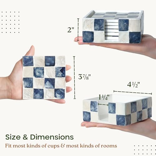 CHI AN HOME 4" Capiz Checkered Square Coasters Set 6 with Holder, Navy Blue - Image 3
