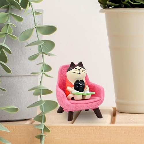 Mevodeata Cute Mini Cat Reading Book Figurine with Small Sofa Resin Figure for Office Home Decor for Cat Lover(Pink Sofa) - Image 6