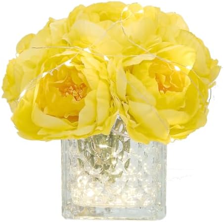 Artificial Peony Silk Flower Centerpieces with LED Light Faux Floral Arrangement in Glass Vase for Home Wedding Table Decoration (Yellow) by GreenHouzz