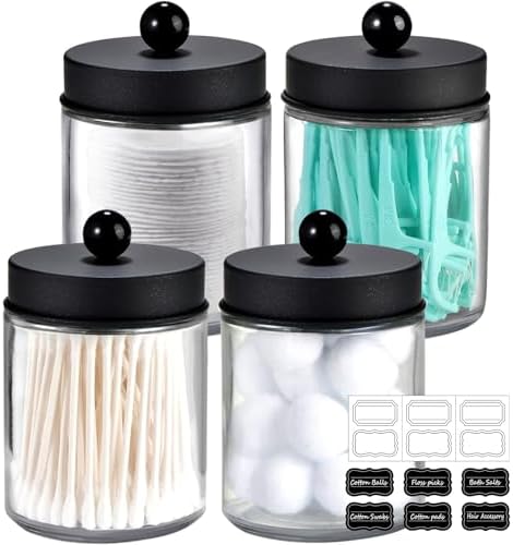 Amolliar Glass Apothecary Jar Qtip Holder Metal Lids 4pc/Black by Amolliar