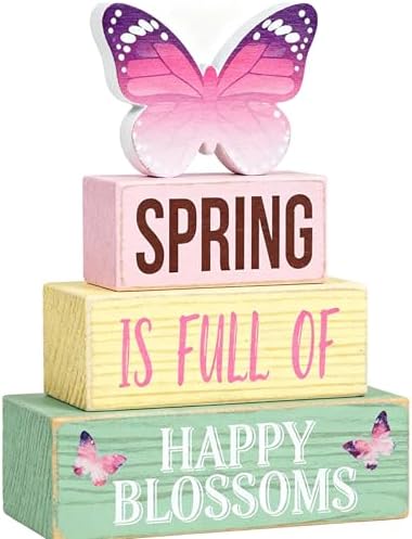 Spring Decoration Wooden Tiered Tray Decor – Butterfly Spring Stacked Block Sign with Floral Accents – Farmhouse Tabletop Spring Decor for Shelf Mantel Seasonal Home Display by Unknown