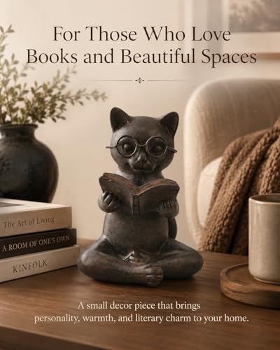 Bronze Cat Figurine Reading Book, Resin Home Décor Accents Statue with Glasses, Cute Tabletop Decor for Bookshelf Desk Office Library, Cat Lovers Gifts for Women Man Teacher Student (Reading Cat) - Image 4