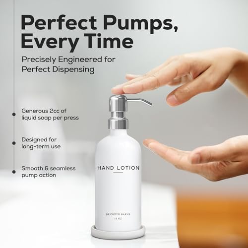 White Glass Lotion Dispenser with Pump Bathroom Set by Brighter Barns - Hand Lotion Dispenser Set with Tray - Modern Bathroom Accessories for Guest House, Hotel, Spa, Restaurant, Gym, Gifts (White) - Image 4
