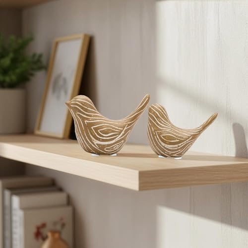 Small Ceramic Birds Statues for Home Decor, Boho Style, Wood-Look, 2PCS - Image 2