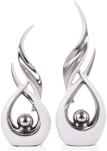 2 PCS White Silver Ceramic Statues For Home Decor Accents, Modern Abstract Art Sculptures, Elegant Tabletop Decorative Objects For Dining Room, Entryway, Tv Stand, Mantel, Coffee Table Centerpieces by LINYTHER