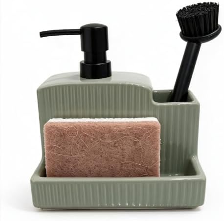 RQYIXI 3-in-1 Ceramic Square Soap Dispenser with Sponge Holder,Green,18 Oz by RQYIXI