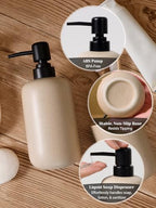 INGOFIN 3 Pcs Ceramic Bathroom Accessory Set - Liquid Soap Dispenser, Toothbrush Holder & Tray, Bathroom Counter Set, Countertop Essentials for Home, Guest Bathroom, or Office Use, Beige - Image 4