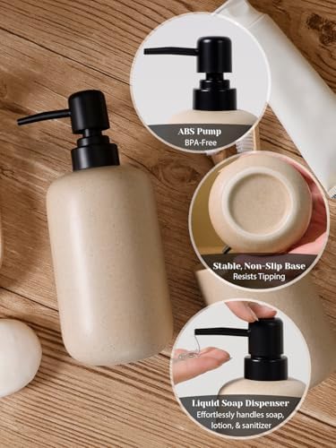 INGOFIN 3 Pcs Ceramic Bathroom Accessory Set - Liquid Soap Dispenser, Toothbrush Holder & Tray, Bathroom Counter Set, Countertop Essentials for Home, Guest Bathroom, or Office Use, Beige - Image 4
