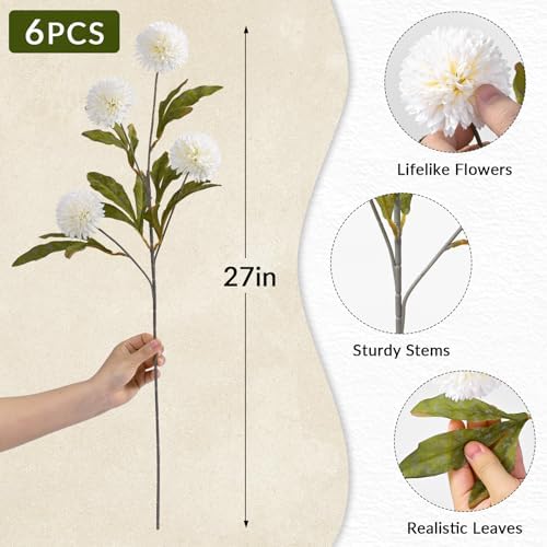 Waipfaru 12 Pcs Artificial Pompon Mums Faux Flowers for Vase, 27" Bulk Long Floral Fake Chrysanth Branches with Stems Vase Filler for DIY Bouquet Centerpieces, Indoor Home Decorations, No vase, Cream - Image 3