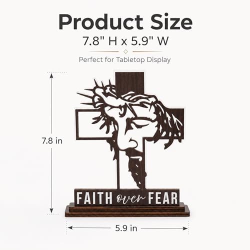 Christian Gifts for Men & Women, Faith Over Fear Wooden Cross Plaque Decor - Image 2