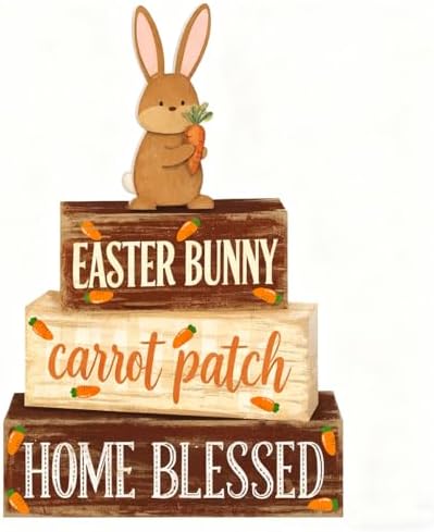 Easter Decorations - Easter Bunny Tiered Tray Decor Set - Wooden Carrot Patch Tabletop Decoration - Rustic Farmhouse Spring Home Decor Indoor for Tiered Tray Shelf Mantel Coffee Table Gift - Spring Home Decor for Living Room, Kitchen Counter by Unknown