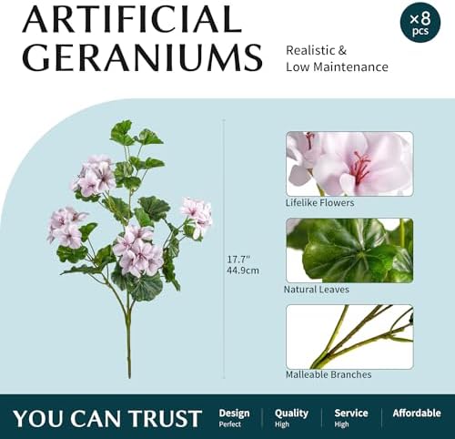 Artificial Geraniums for Outdoors, 8 Stems 17.7 Inch Pinkish White Faux Geranium Bush Fake Flowers UV Resistant Fall Porch Patio Garden Planter Window Box Indoor Decor, Pot Not Included - Image 2