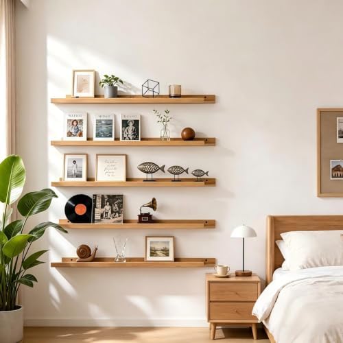 24inch Long Floating Shelves for Wall Decor, 5-Set Shelves with Lip, Oak - Image 2