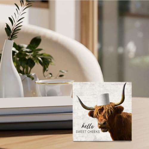 Highland Cow Bathroom Decor - Hello Sweet Cheeks Bathroom Decor, Rustic Highland Cow Western Wood Sign, 5 X 5 Inches - Image 3