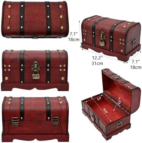 Vintage Wooden Treasure Chest Decorative Box with Lock,Oxblood - Image 3