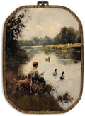 dvhdajed Mallard Duck Boy Fishing Wall Art Decor,Rustic Farmhouse Duck Hunting Framed Canvas Art,Country Dog and Boy Nature Aesthetic Octagon Wall Hanging Decor for Boys Room Bedroom Bathroom,10.2x7 by dvhdajed
