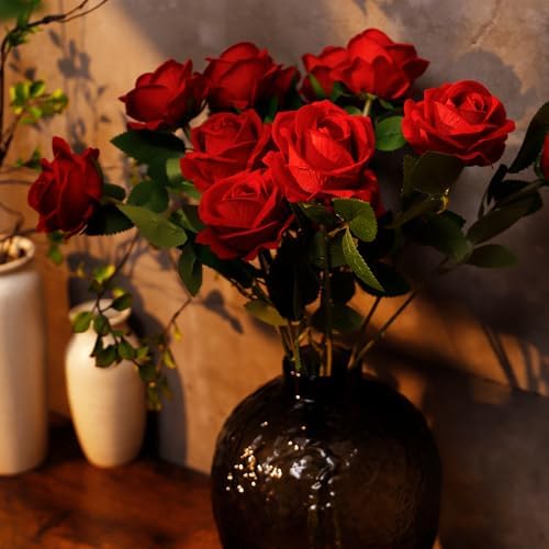 Red Artificial Rose Flowers, 12 Pcs Silk Roses with Long Stems, Realistic Fake Roses for Wedding Centerpiece Party Home and Office DIY Decor - Image 5