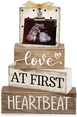 CroBlissful 4 Pcs Ultrasound Picture Frame Gender Reveal Gifts for Parents Wooden Sonogram Pregnancy Keepsake Love at First Heartbeat Pregnancy Gifts for Expecting Dad Mom, Baby Shower Decor by CroBlissful