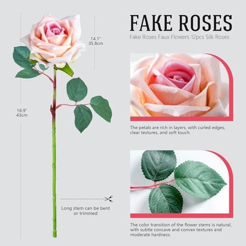 Ttranewsoo 12PCS Artificial Roses with Stems, Realistic Pink Fake Roses, Silk Rose Flowers for Vases, DIY Bouquets, Wedding Centerpieces, Bridal Shower & Home Decor, 16.5 Inch - Image 2