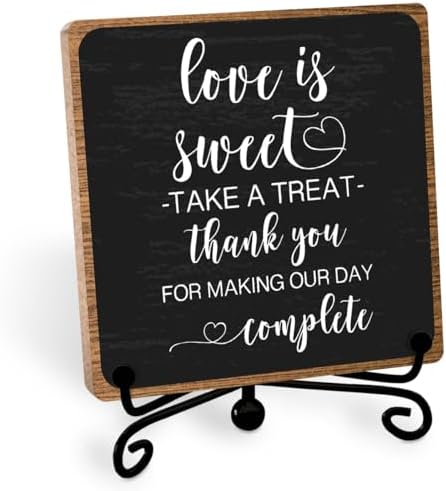 Love Is Sweet Sign, Funny Dessert Bar Wooden Plaque with Stand, 5″ x 5″ by Toerifer